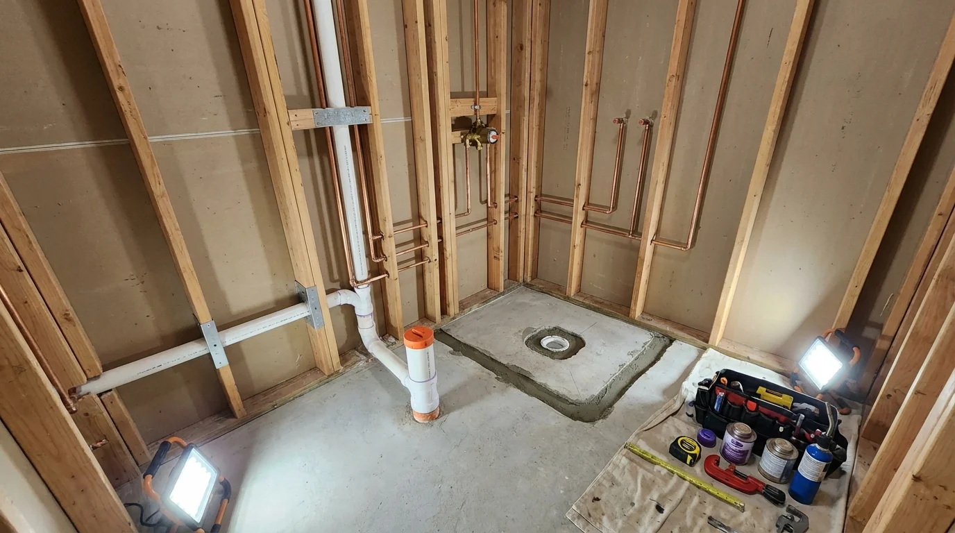 Bathroom rough-in plumbing during remodel by Johns Plumbing LLC in Ruckersville
