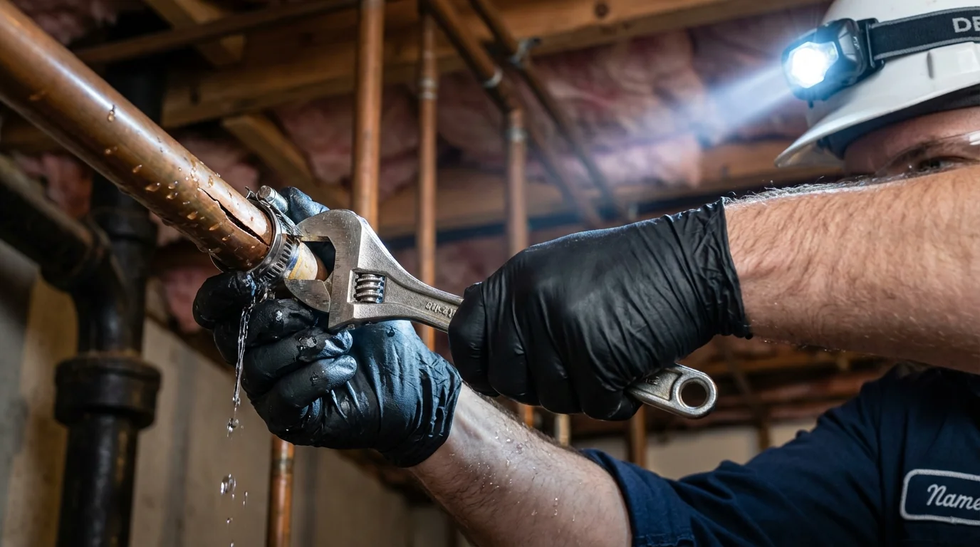 Emergency pipe clamp repair being performed by a Johns Plumbing LLC plumber in Ruckersville