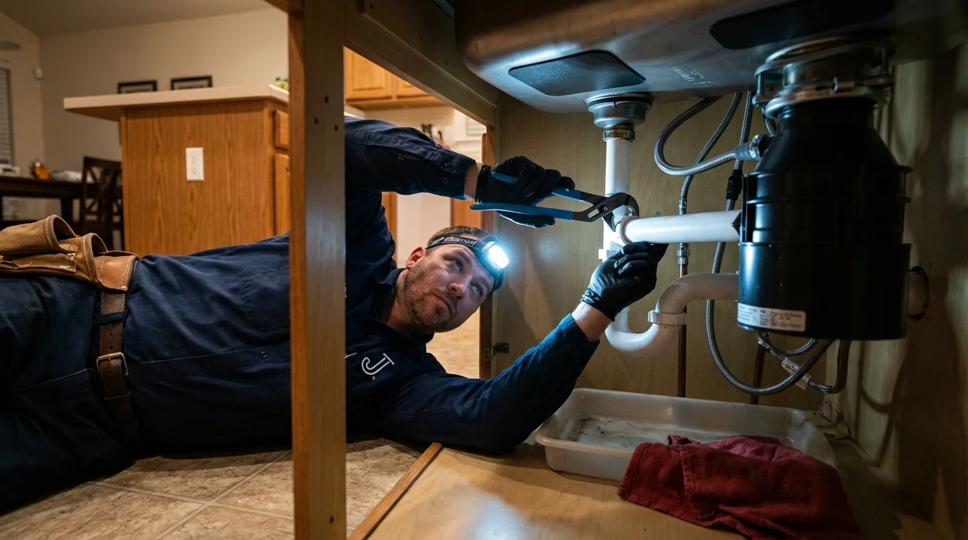 P-trap and supply line connections under a kitchen sink showing a common leak point in Ruckersville, VA
